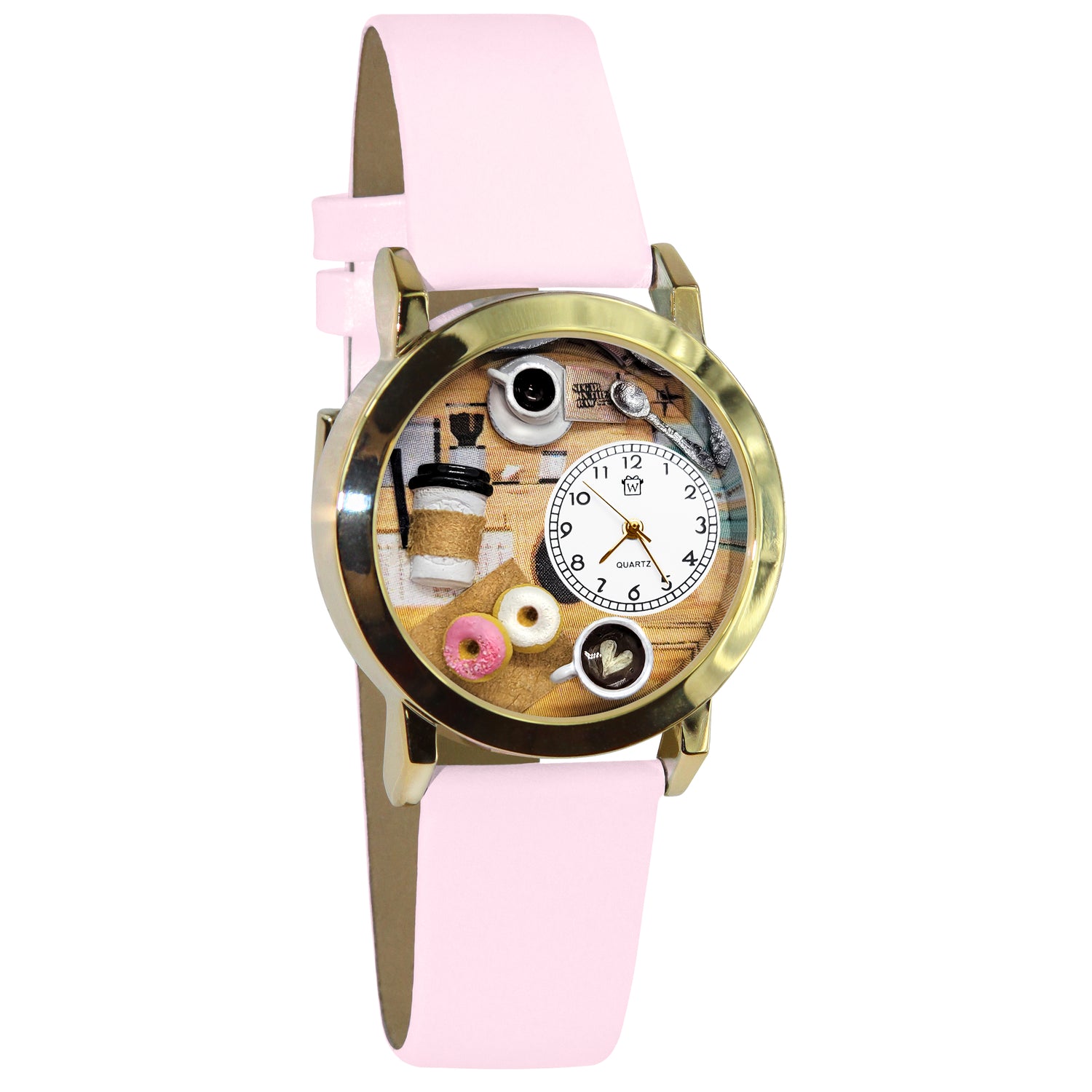 Whimsical Gifts | Coffee Lover 3D Watch Small Style | Handmade in USA | Hobbies & Special Interests | Food & Wine | Novelty Unique Fun Miniatures Gift | Gold Finish Pink Leather Watch Band