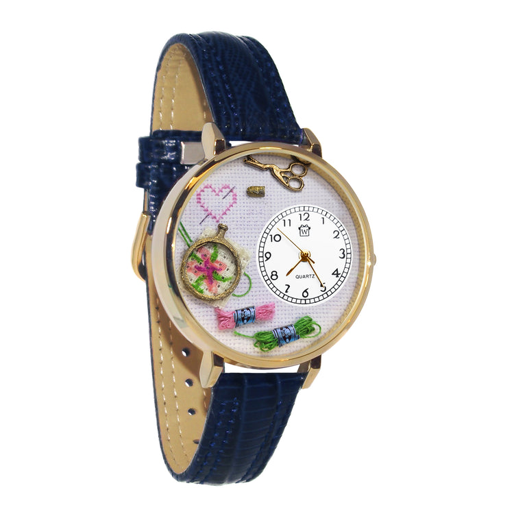 Whimsical Gifts | Cross Stitch 3D Watch Large Style | Handmade in USA | Hobbies & Special Interests | Sewing & Crafting | Novelty Unique Fun Miniatures Gift | Gold Finish Navy Blue Leather Watch Band