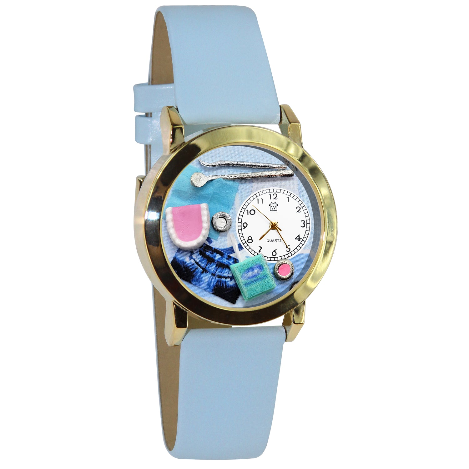 Whimsical Gifts | Dentist Dental Hygienist 3D Watch Small Style | Handmade in USA | Professions Themed | Dental Professions | Novelty Unique Fun Miniatures Gift | Gold Finish Light Blue Leather Watch Band