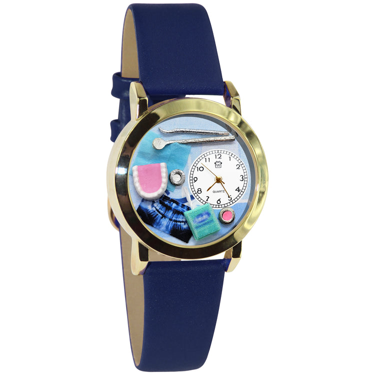 Whimsical Gifts | Dentist Dental Hygienist 3D Watch Small Style | Handmade in USA | Professions Themed | Dental Professions | Novelty Unique Fun Miniatures Gift | Gold Finish Navy Blue Leather Watch Band