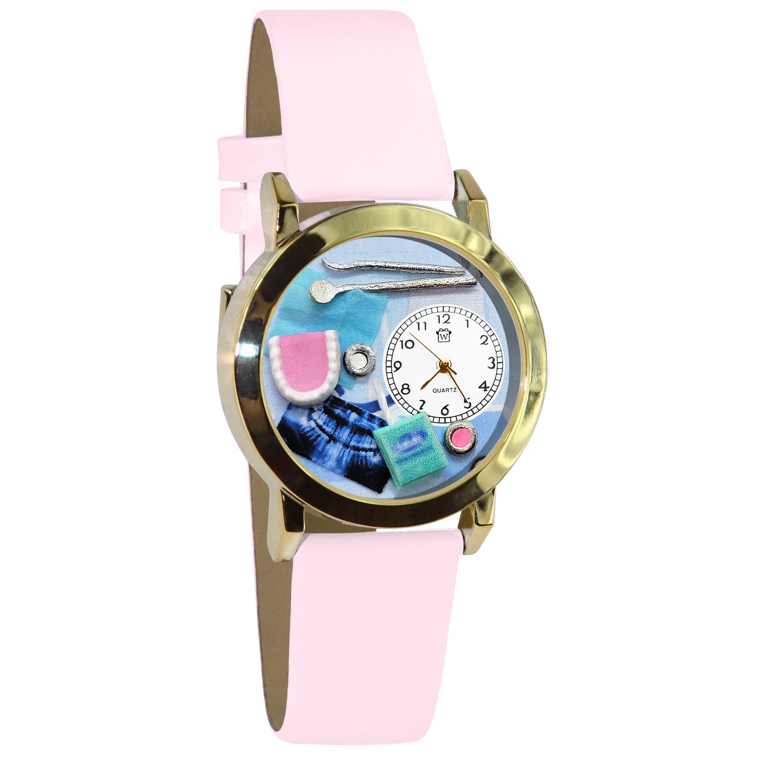 Whimsical Gifts | Dentist Dental Hygienist 3D Watch Small Style | Handmade in USA | Professions Themed | Dental Professions | Novelty Unique Fun Miniatures Gift | Gold Finish Pink Leather Watch Band