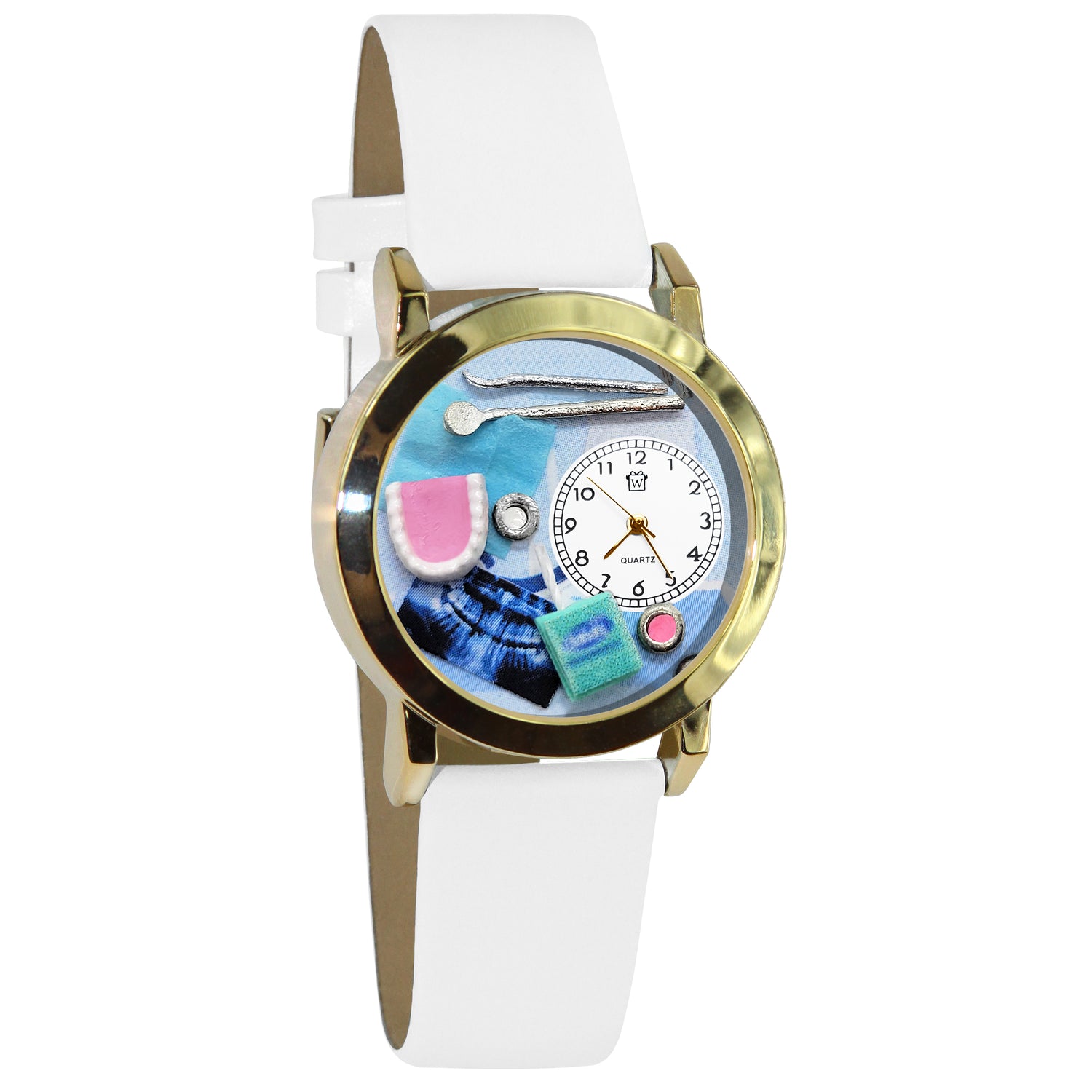 Whimsical Gifts | Dentist Dental Hygienist 3D Watch Small Style | Handmade in USA | Professions Themed | Dental Professions | Novelty Unique Fun Miniatures Gift | Gold Finish White Leather Watch Band