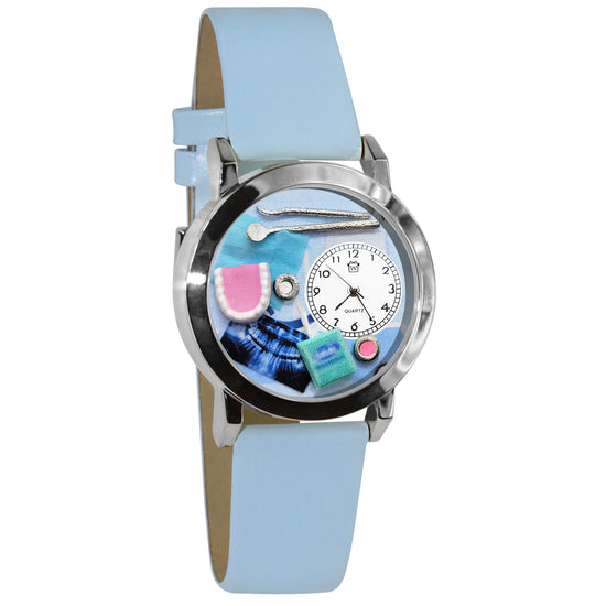 Whimsical Gifts | Dentist Dental Hygienist 3D Watch Small Style | Handmade in USA | Professions Themed | Dental Professions | Novelty Unique Fun Miniatures Gift | Silver Finish Light Blue Leather Watch Band