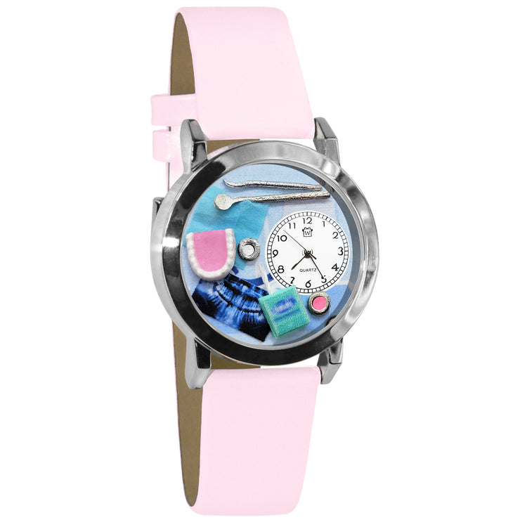 Whimsical Gifts | Dentist Dental Hygienist 3D Watch Small Style | Handmade in USA | Professions Themed | Dental Professions | Novelty Unique Fun Miniatures Gift | Silver Finish Pink Blue Leather Watch Band