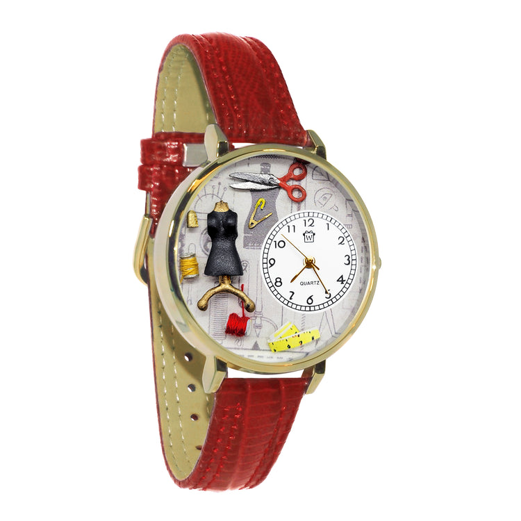 Whimsical Gifts | Fashion Design Sewing 3D Watch Large Style | Handmade in USA | Hobbies & Special Interests | Sewing & Crafting | Novelty Unique Fun Miniatures Gift | Gold Finish Red Leather Watch Band