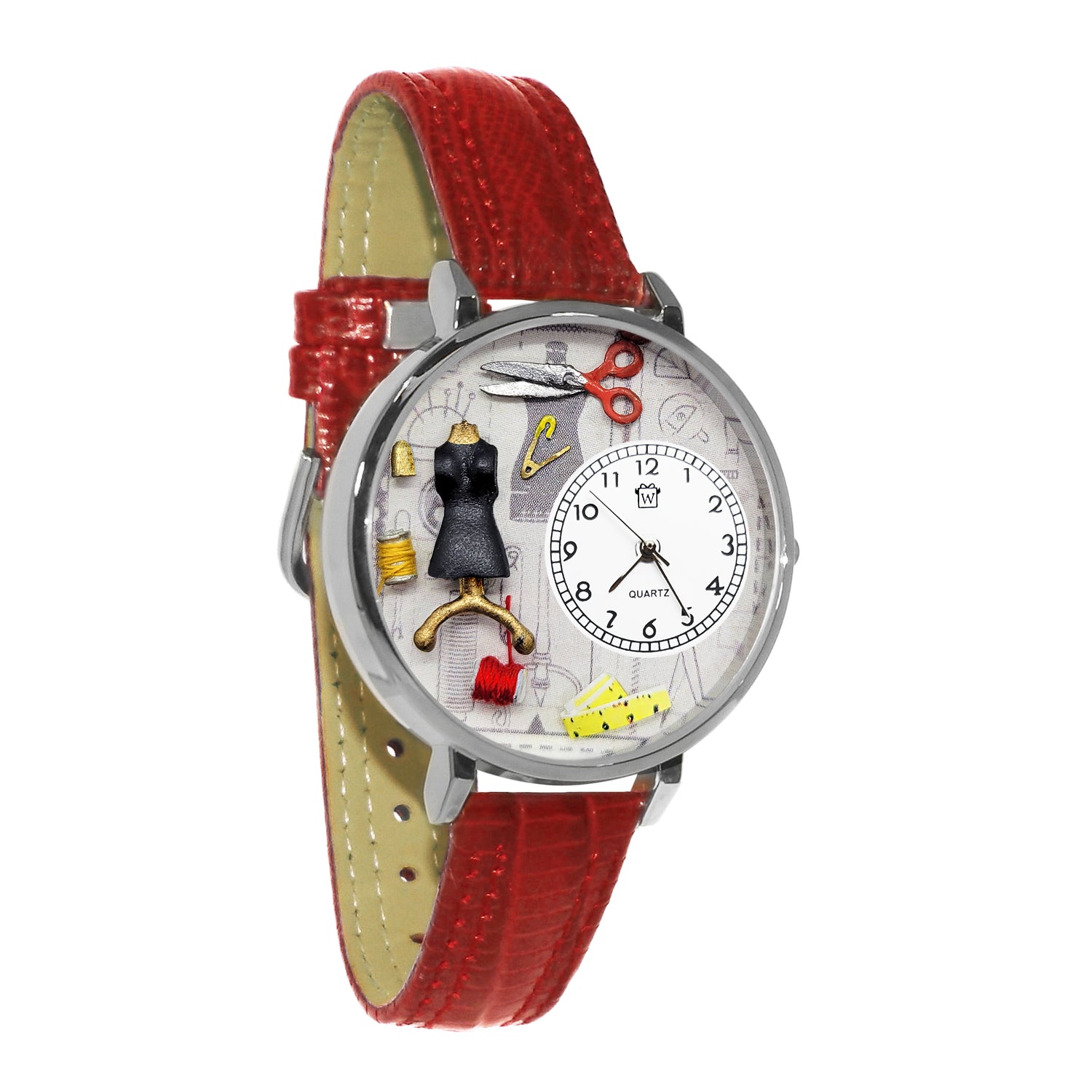 Whimsical Gifts | Fashion Design Sewing 3D Watch Large Style | Handmade in USA | Hobbies & Special Interests | Sewing & Crafting | Novelty Unique Fun Miniatures Gift | Silver Finish Red Leather Watch Band