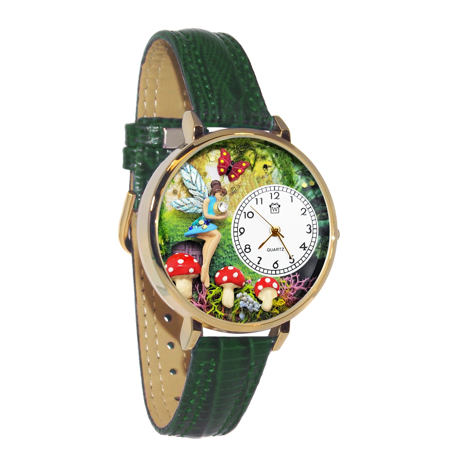Whimsical Gifts | Fairy 3D Watch Large Style | Handmade in USA | Fantasy & Mystical |  | Novelty Unique Fun Miniatures Gift | Gold Finish Green Leather Watch Band