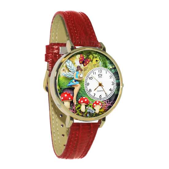 Whimsical Gifts | Fairy 3D Watch Large Style | Handmade in USA | Fantasy & Mystical |  | Novelty Unique Fun Miniatures Gift | Gold Finish Red Leather Watch Band