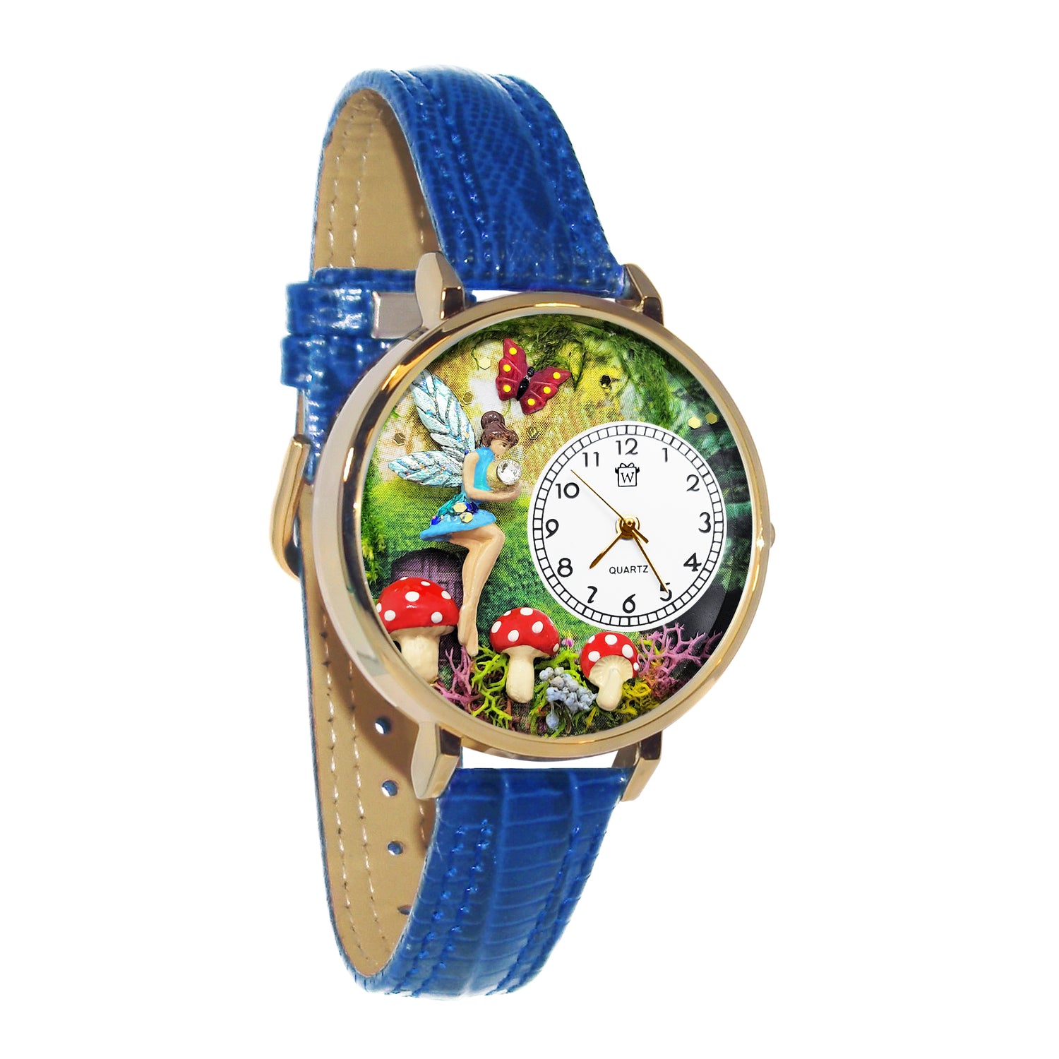 Whimsical Gifts | Fairy 3D Watch Large Style | Handmade in USA | Fantasy & Mystical |  | Novelty Unique Fun Miniatures Gift | Gold Finish Royal Blue Leather Watch Band