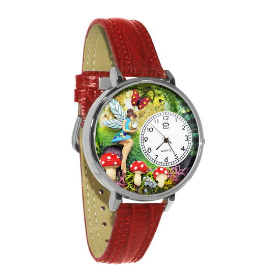 Whimsical Gifts | Fairy 3D Watch Large Style | Handmade in USA | Fantasy & Mystical | | Novelty Unique Fun Miniatures Gift | Silver Finish Red Leather Watch Band