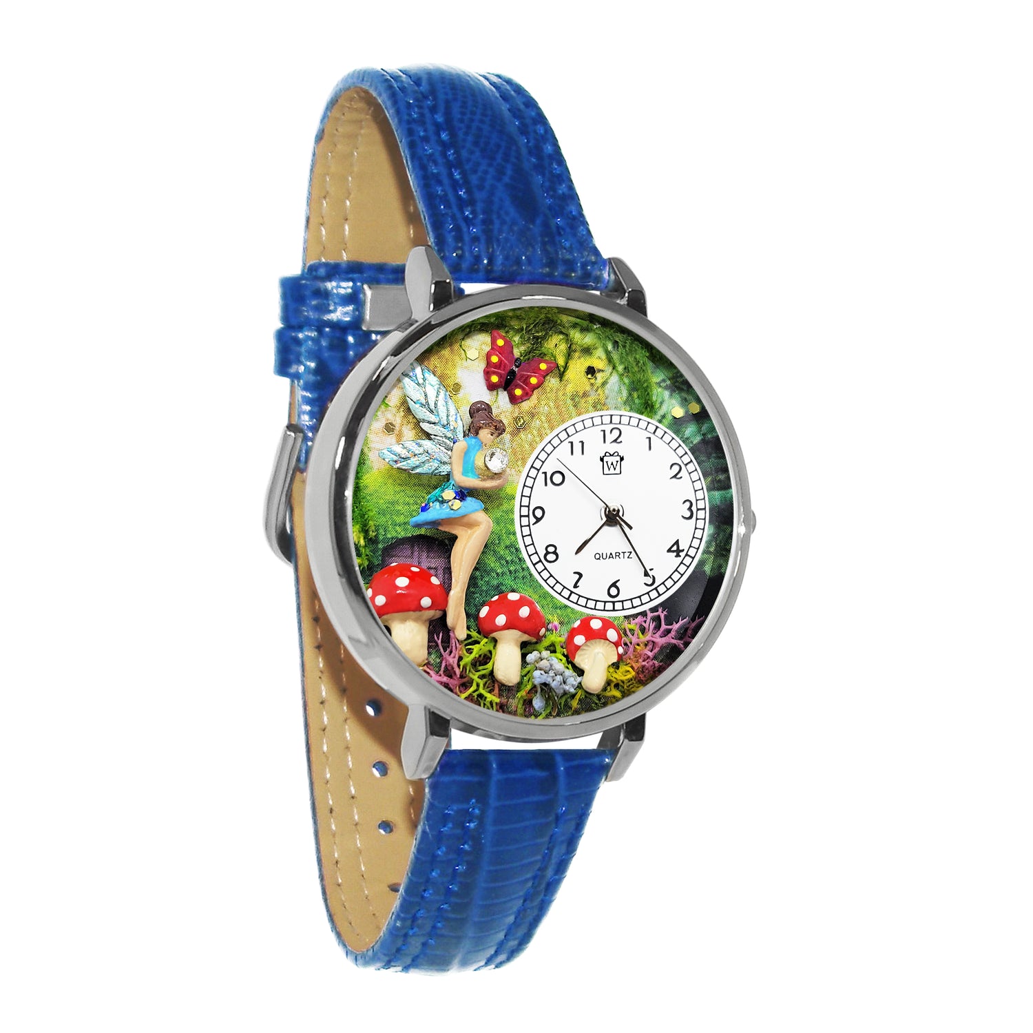 Whimsical Gifts | Fairy 3D Watch Large Style | Handmade in USA | Fantasy & Mystical | | Novelty Unique Fun Miniatures Gift | Silver Finish Royal Blue Leather Watch Band