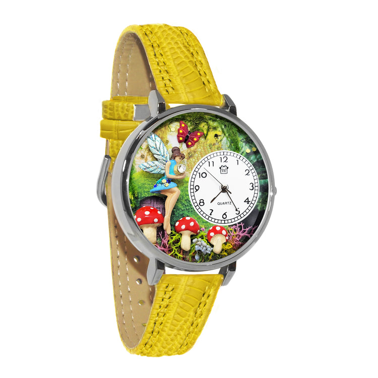Whimsical Gifts | Fairy 3D Watch Large Style | Handmade in USA | Fantasy & Mystical | | Novelty Unique Fun Miniatures Gift | Silver Finish Yellow Leather Watch Band