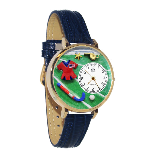 Whimsical Gifts | Field Hockey 3D Watch Large Style | Handmade in USA | Hobbies & Special Interests | Sports | Novelty Unique Fun Miniatures Gift | Gold Finish Navy Blue Leather Watch Band