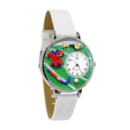 Whimsical Gifts | Field Hockey 3D Watch Large Style | Handmade in USA | Hobbies & Special Interests | Sports | Novelty Unique Fun Miniatures Gift | Silver Finish White Leather Watch Band