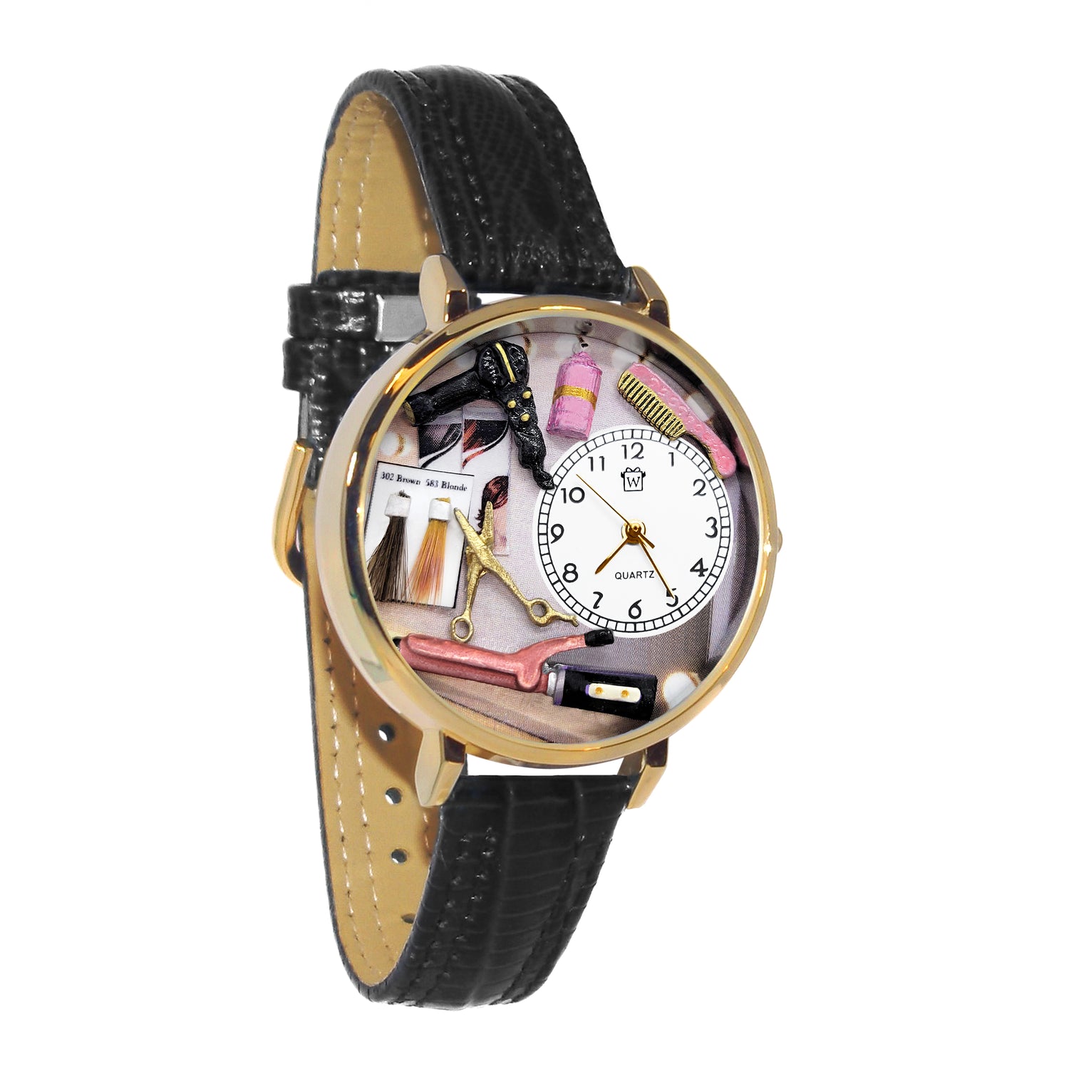 Whimsical Gifts | Hair Stylist 3D Watch Large Style | Handmade in USA | Professions Themed | Salon & Spa Professions | Novelty Unique Fun Miniatures Gift | Gold Finish Black Leather Watch Band