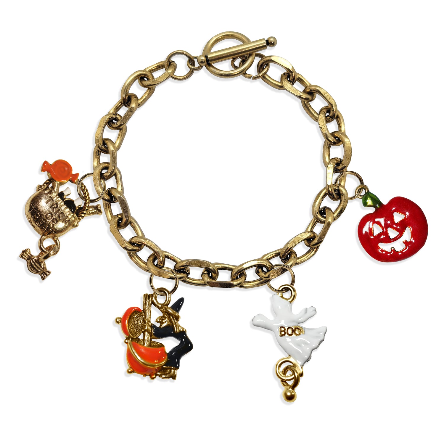 Whimsical Gifts | Halloween Trick or Treat Toggle Charm Bracelet | 4 Handpainted Charms | Antique Gold or Antique Silver Finish in Antique Gold Finish | Holiday & Seasonal Themed | Halloween Jewelry