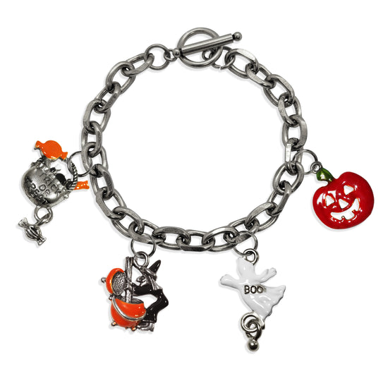 Whimsical Gifts | Halloween Trick or Treat Toggle Charm Bracelet | 4 Handpainted Charms | Antique Gold or Antique Silver Finish in Antique Silver Finish | Holiday & Seasonal Themed | Halloween Jewelry