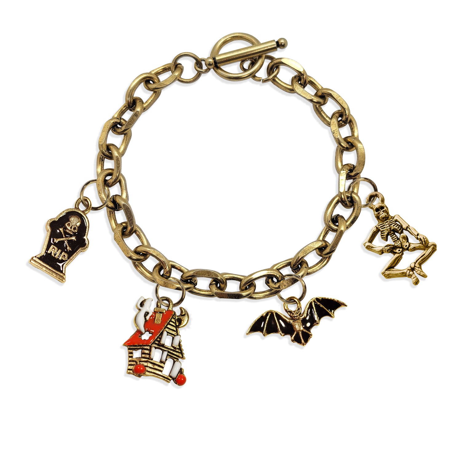 Whimsical Gifts | Halloween Haunted House Toggle Charm Bracelet | 4 Handpainted Charms | Antique Gold or Antique Silver Finish in Antique Gold Finish | Holiday & Seasonal Themed | Halloween Jewelry