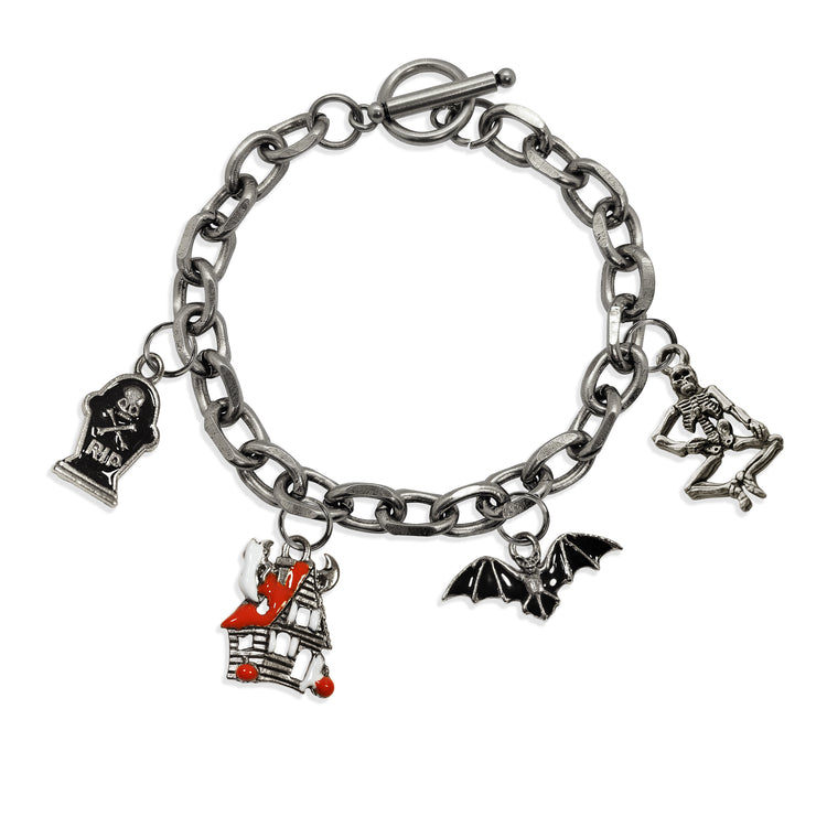 Whimsical Gifts | Halloween Haunted House Toggle Charm Bracelet | 4 Handpainted Charms | Antique Gold or Antique Silver Finish in Antique Silver Finish | Holiday & Seasonal Themed | Halloween Jewelry