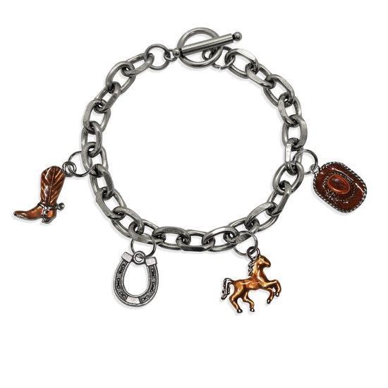 Whimsical Gifts | Horse Lover Toggle Charm Bracelet | 4 Handpainted Charms | Antique Gold or Antique Silver Finish in Antique Silver Finish | Animal Lover |  Jewelry