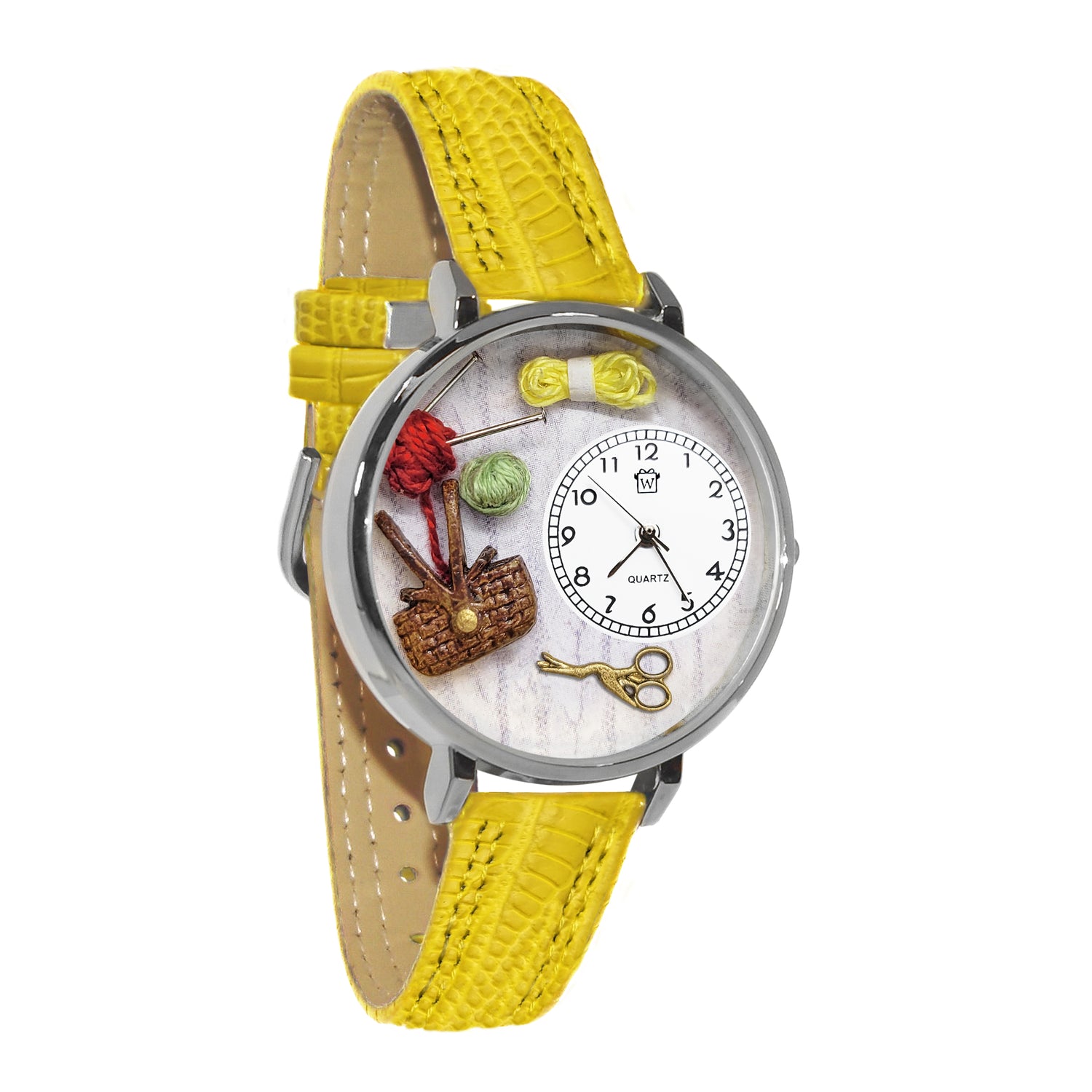Whimsical Gifts | Knitting Basket 3D Watch Large Style | Handmade in USA | Hobbies & Special Interests | Sewing & Crafting | Novelty Unique Fun Miniatures Gift | Silver Finish Yellow Leather Watch Band