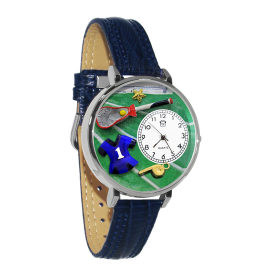 Whimsical Gifts | Lacrosse 3D Watch Large Style | Handmade in USA | Hobbies & Special Interests | Sports | Novelty Unique Fun Miniatures Gift | Silver Finish Skirt Navy Blue Leather Watch Band