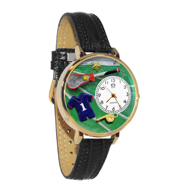 Whimsical Gifts | Lacrosse 3D Watch Large Style | Handmade in USA | Hobbies & Special Interests | Sports | Novelty Unique Fun Miniatures Gift | Gold Finish Shorts Black Leather Watch Band