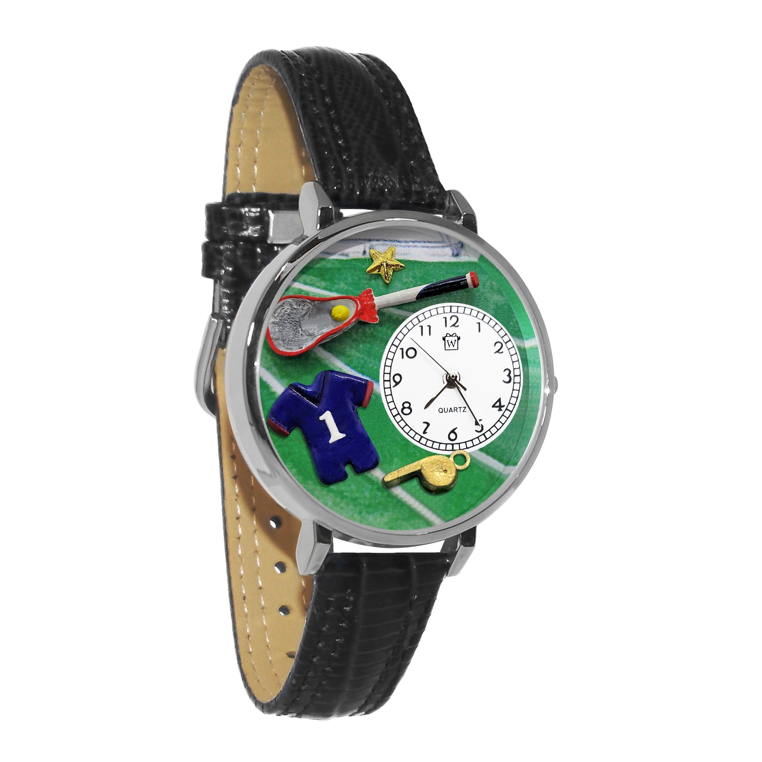 Whimsical Gifts | Lacrosse 3D Watch Large Style | Handmade in USA | Hobbies & Special Interests | Sports | Novelty Unique Fun Miniatures Gift | Silver Finish Shorts Black Leather Watch Band