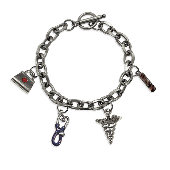 Whimsical Gifts | Nurse Toggle Charm Bracelet | 4 Handpainted Charms | Antique Gold or Antique Silver Finish in Antique Silver Finish | Professions Themed | Dental | Medical | First Responder Jewelry
