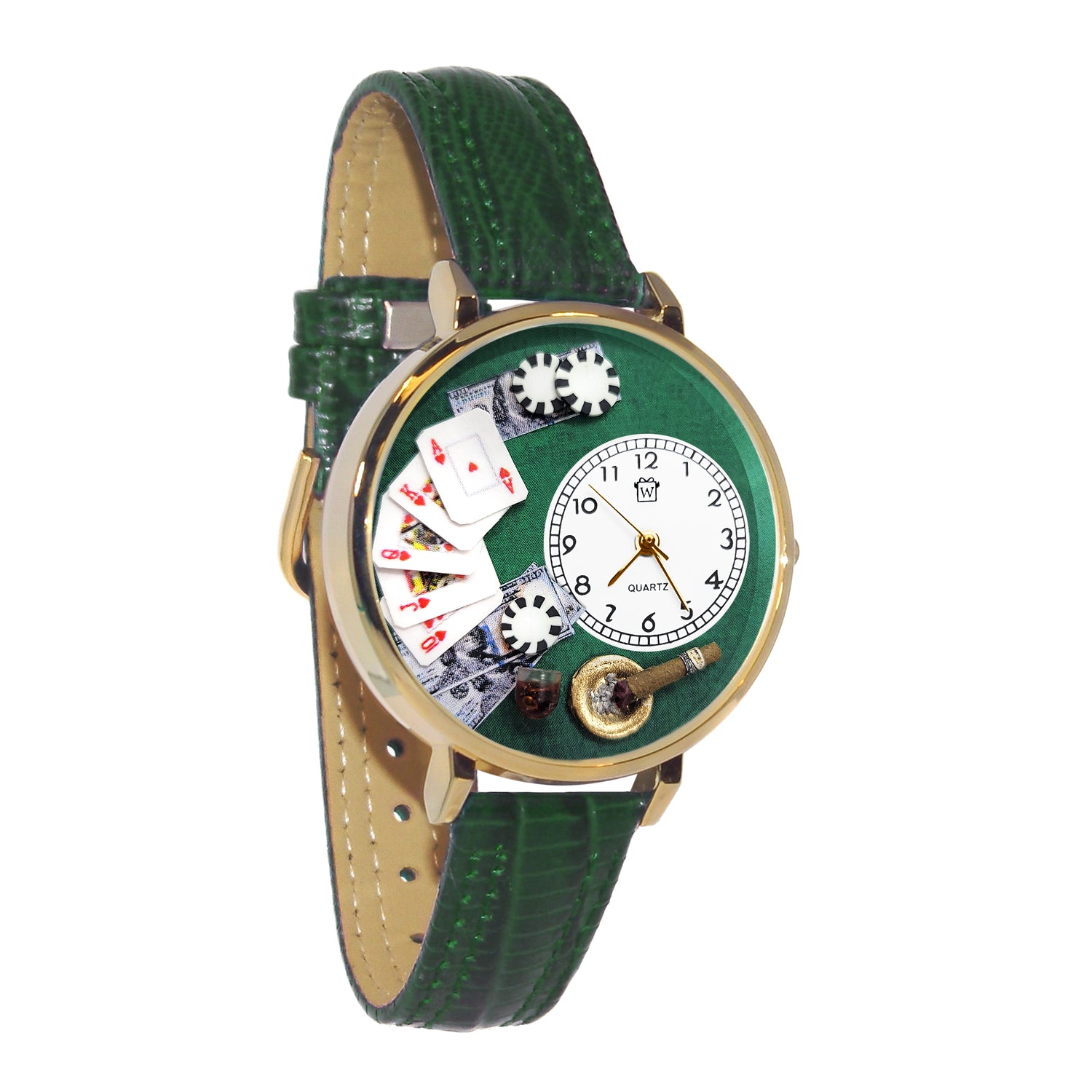 Whimsical Gifts | Poker 3D Watch Large Style | Handmade in USA | Hobbies & Special Interests | Casino & Gaming | Novelty Unique Fun Miniatures Gift | Gold Finish Green Leather Watch Band