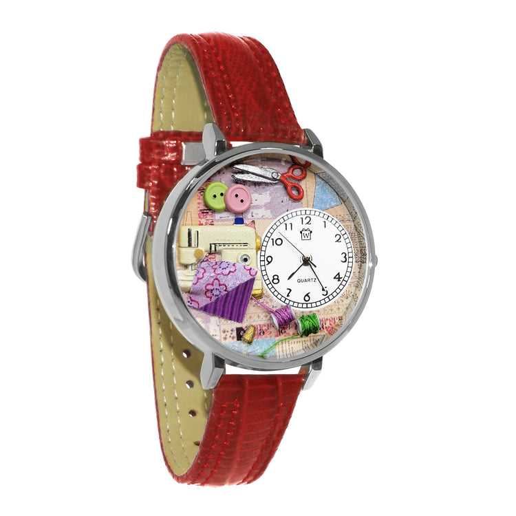 Whimsical Gifts | Sewing 3D Watch Large Style | Handmade in USA | Hobbies & Special Interests | Sewing & Crafting | Novelty Unique Fun Miniatures Gift | Silver Finish Red Leather Watch Band