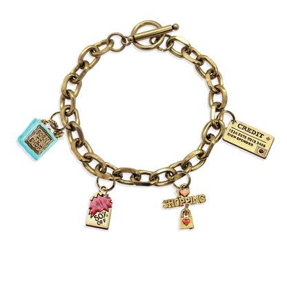 Whimsical Gifts | Born to Shop Toggle Charm Bracelet | 4 Handpainted Charms | Antique Gold or Antique Silver Finish in Antique Gold Finish | Hobbies & Special Interests | Fashionista Jewelry