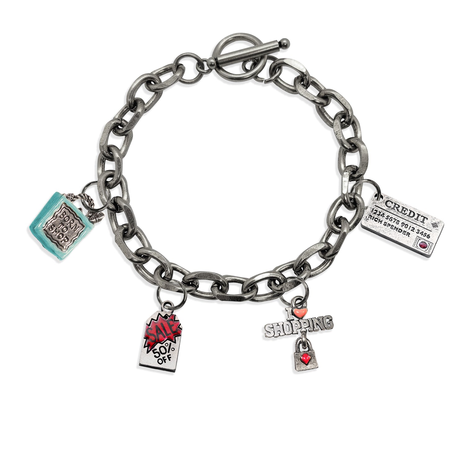 Whimsical Gifts | Born to Shop Toggle Charm Bracelet | 4 Handpainted Charms | Antique Gold or Antique Silver Finish in Antique Silver Finish | Hobbies & Special Interests | Fashionista Jewelry