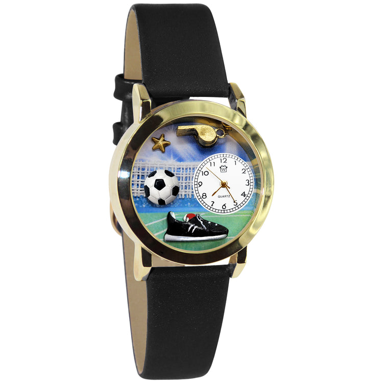 Whimsical Gifts | Soccer 3D Watch Small Style | Handmade in USA | Hobbies & Special Interests | Sports | Novelty Unique Fun Miniatures Gift | Gold Finish Black Leather Watch Band