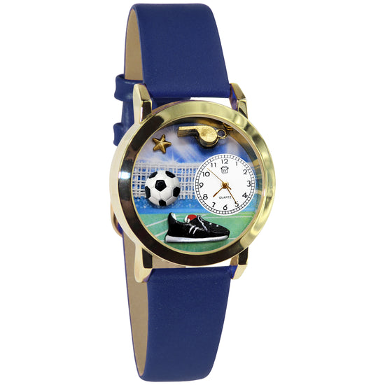 Whimsical Gifts | Soccer 3D Watch Small Style | Handmade in USA | Hobbies & Special Interests | Sports | Novelty Unique Fun Miniatures Gift | Gold Finish Blue Leather Watch Band