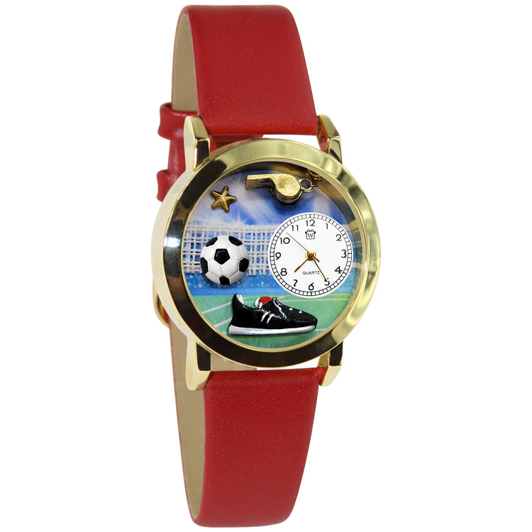 Whimsical Gifts | Soccer 3D Watch Small Style | Handmade in USA | Hobbies & Special Interests | Sports | Novelty Unique Fun Miniatures Gift | Gold Finish Red Leather Watch Band