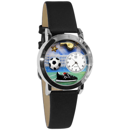 Whimsical Gifts | Soccer 3D Watch Small Style | Handmade in USA | Hobbies & Special Interests | Sports | Novelty Unique Fun Miniatures Gift | Silver Finish Black Leather Watch Band