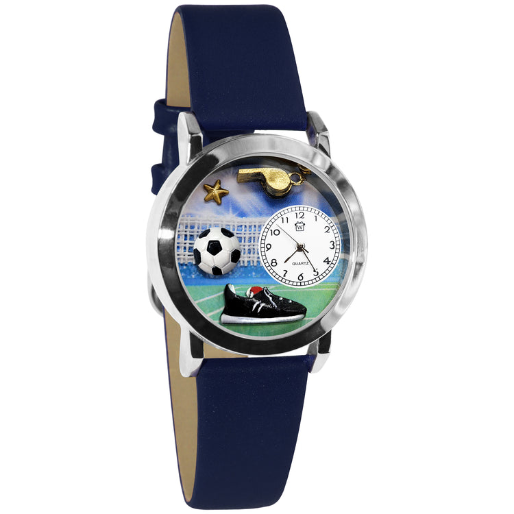 Whimsical Gifts | Soccer 3D Watch Small Style | Handmade in USA | Hobbies & Special Interests | Sports | Novelty Unique Fun Miniatures Gift | Silver Finish Blue Leather Watch Band