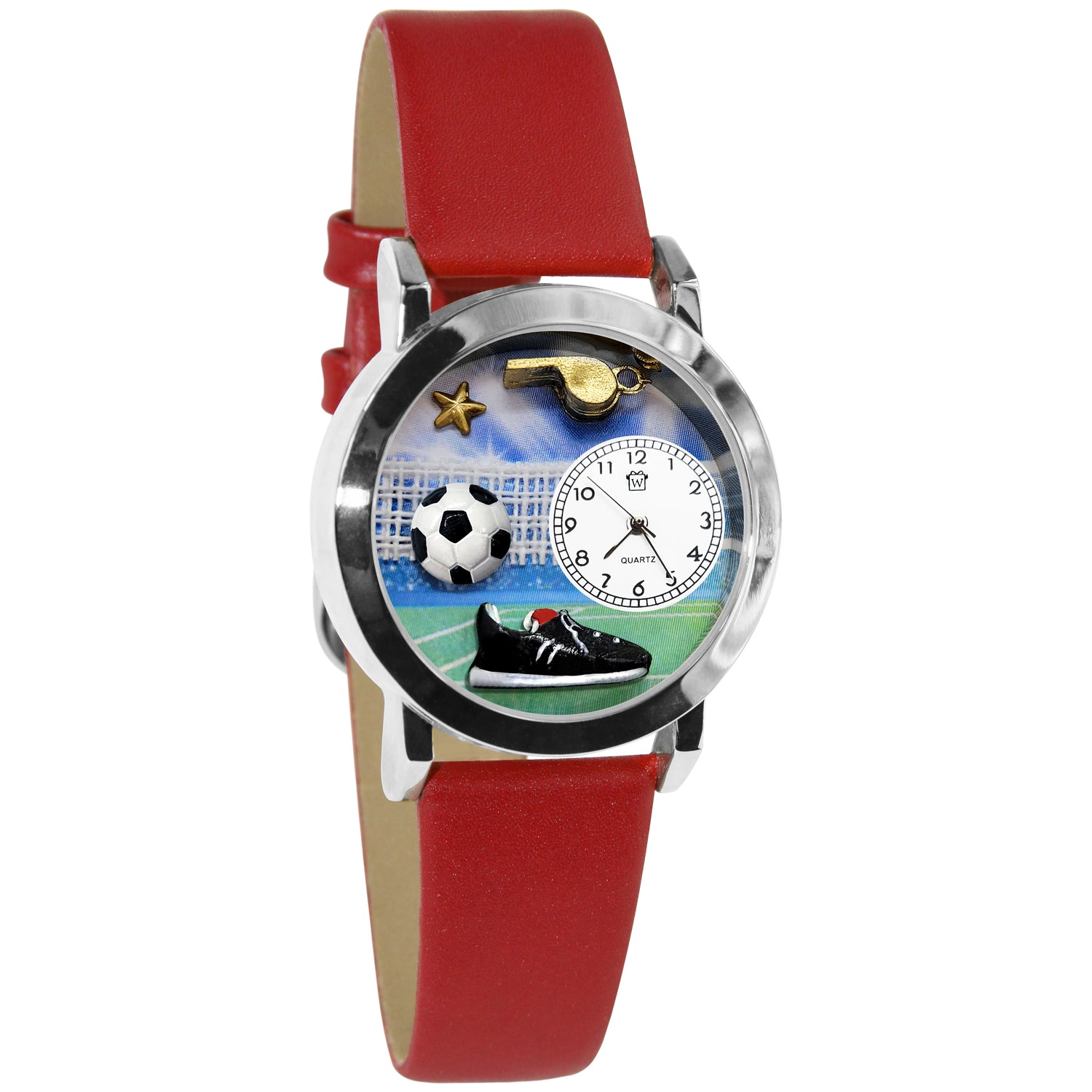 Whimsical Gifts | Soccer 3D Watch Small Style | Handmade in USA | Hobbies & Special Interests | Sports | Novelty Unique Fun Miniatures Gift | Silver Finish Red Leather Watch Band