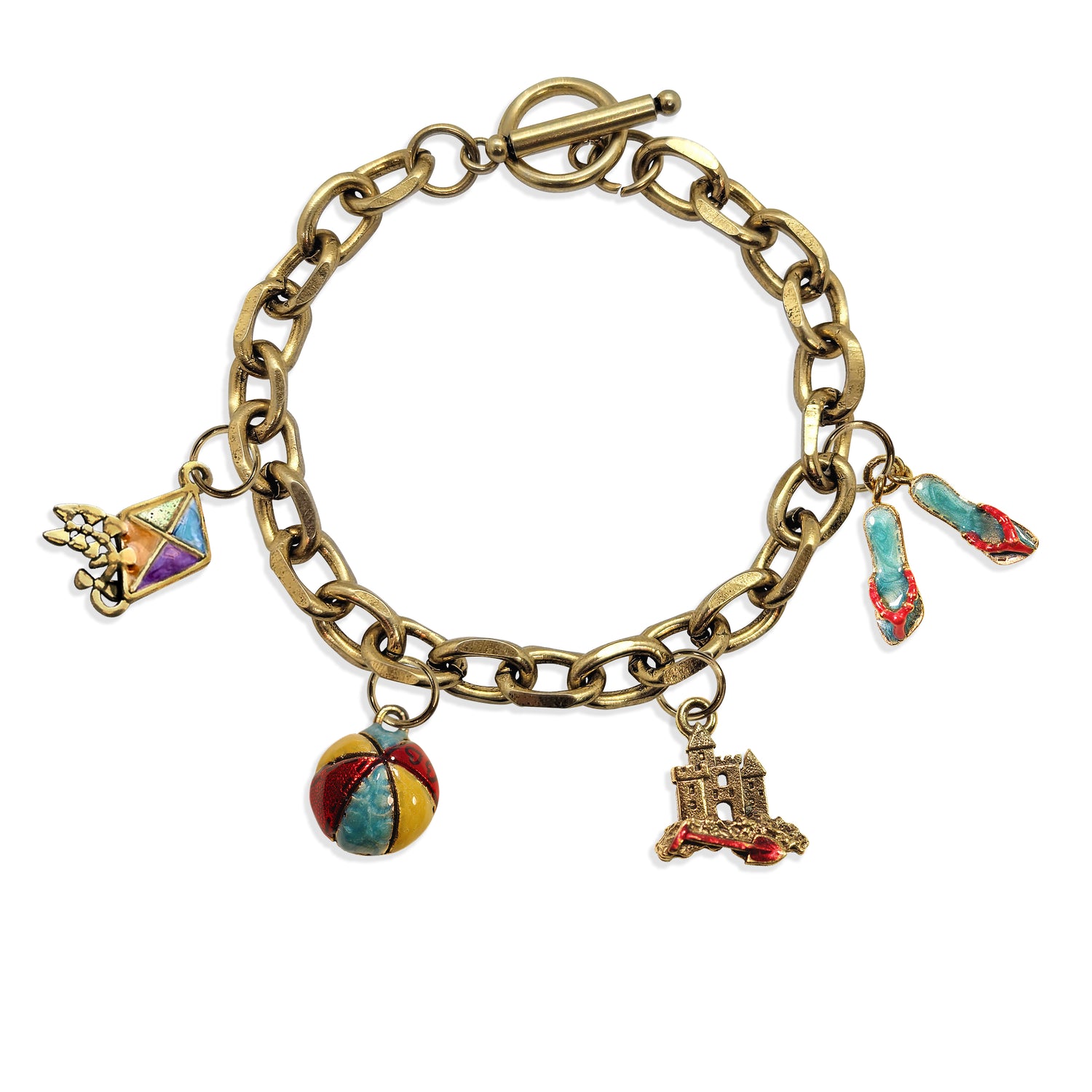 Whimsical Gifts | Beach Lover Toggle Charm Bracelet | 4 Handpainted Charms | Antique Gold or Antique Silver Finish in Antique Gold Finish | Holiday & Seasonal Themed | Spring & Summer Fun Jewelry