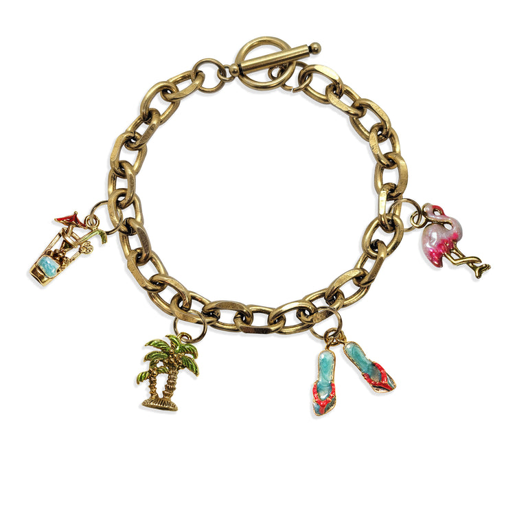 Whimsical Gifts | Summer Fun Toggle Charm Bracelet | 4 Handpainted Charms | Antique Gold or Antique Silver Finish in Antique Gold Finish | Holiday & Seasonal Themed | Spring & Summer Fun Jewelry
