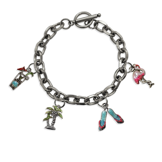 Whimsical Gifts | Summer Fun Toggle Charm Bracelet | 4 Handpainted Charms | Antique Gold or Antique Silver Finish in Antique Silver Finish | Holiday & Seasonal Themed | Spring & Summer Fun Jewelry