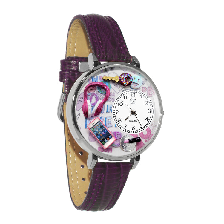 Whimsical Gifts | Teen Girl 3D Watch Large Style | Handmade in USA | Youth Themed | Novelty Unique Fun Miniatures Gift | Silver Finish Purple Leather Watch Band