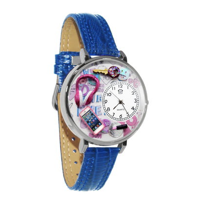 Whimsical Gifts | Teen Girl 3D Watch Large Style | Handmade in USA | Youth Themed | Novelty Unique Fun Miniatures Gift | Silver Finish Royal Blue Leather Watch Band