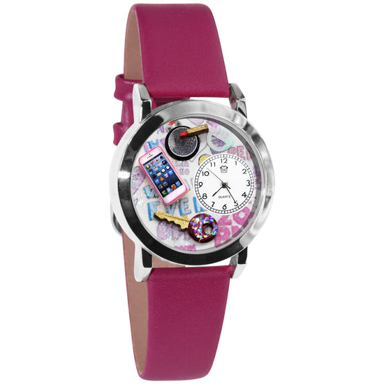 Whimsical Gifts | Teen Girl 3D Watch Small Style | Handmade in USA | Youth Themed | | Novelty Unique Fun Miniatures Gift | Silver Finish Fuchsia Leather Watch Band