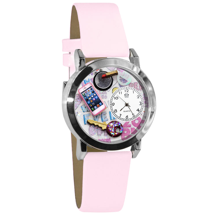 Whimsical Gifts | Teen Girl 3D Watch Small Style | Handmade in USA | Youth Themed | | Novelty Unique Fun Miniatures Gift | Silver Finish Pink Leather Watch Band