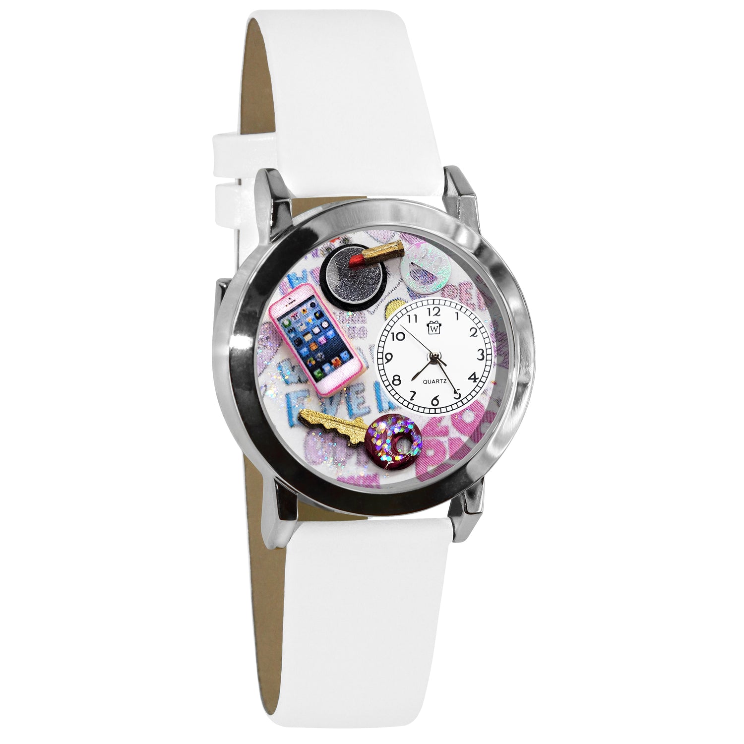 Whimsical Gifts | Teen Girl 3D Watch Small Style | Handmade in USA | Youth Themed | | Novelty Unique Fun Miniatures Gift | Silver Finish White Leather Watch Band