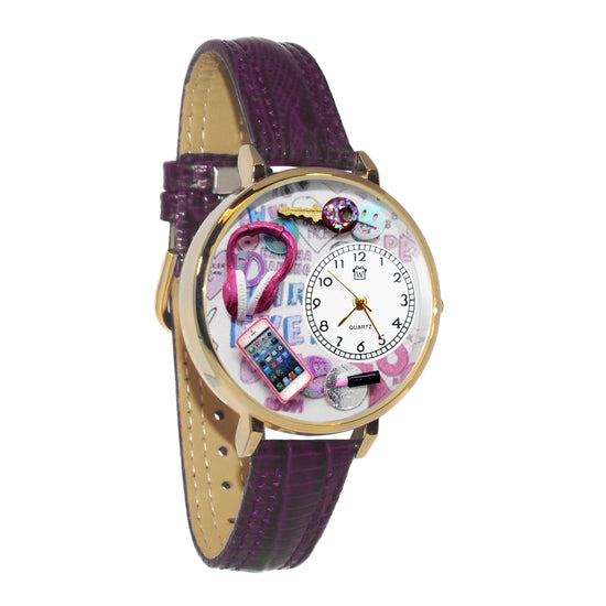 Whimsical Gifts | Teen Girl 3D Watch Large Style | Handmade in USA | Youth Themed | Novelty Unique Fun Miniatures Gift | Gold Finish Purple Leather Watch Band