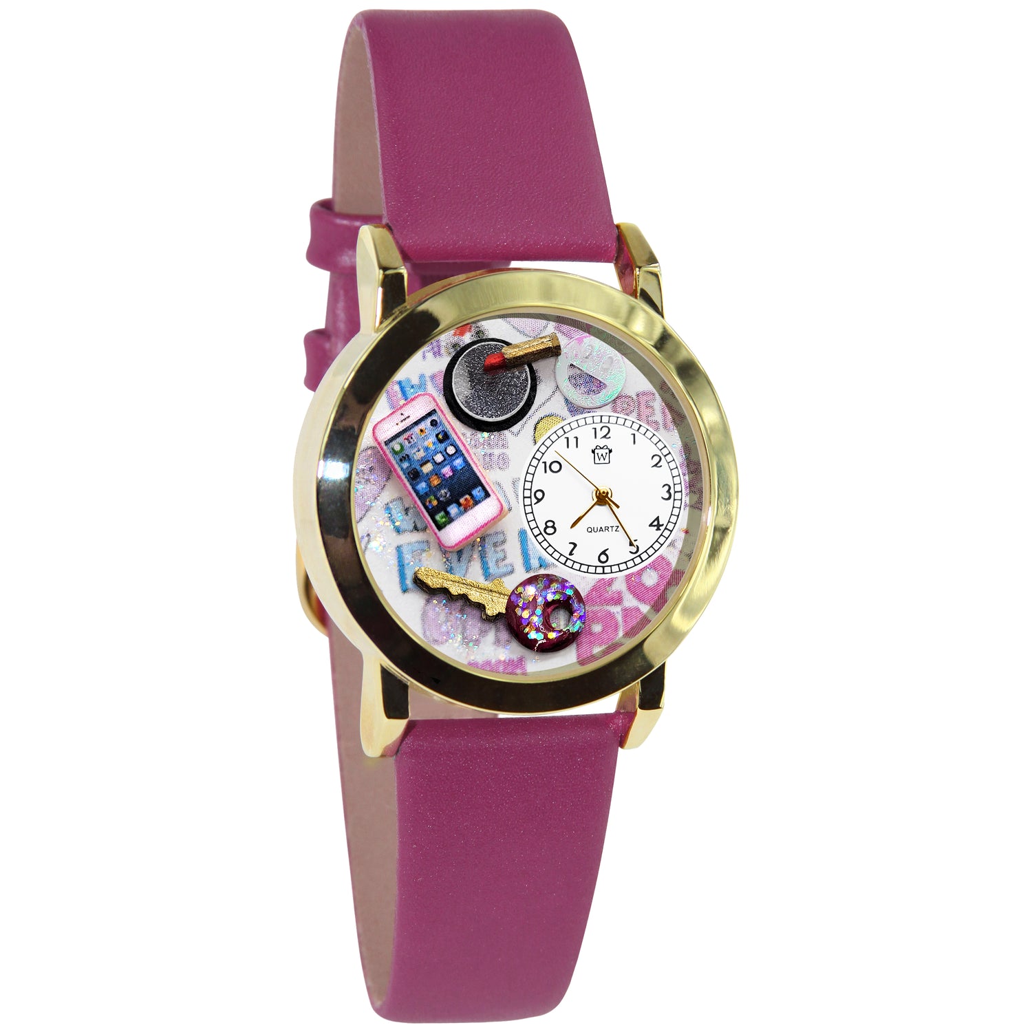 Whimsical Gifts | Teen Girl 3D Watch Small Style | Handmade in USA | Youth Themed | | Novelty Unique Fun Miniatures Gift | Gold Finish Fuchsia Leather Watch Band