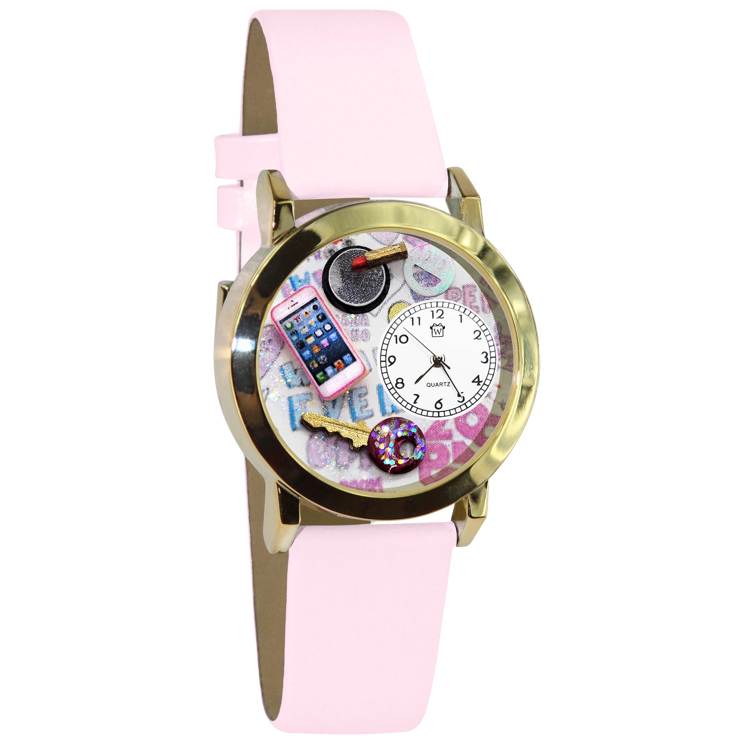 Whimsical Gifts | Teen Girl 3D Watch Small Style | Handmade in USA | Youth Themed | | Novelty Unique Fun Miniatures Gift | Gold Pink Leather Watch Band